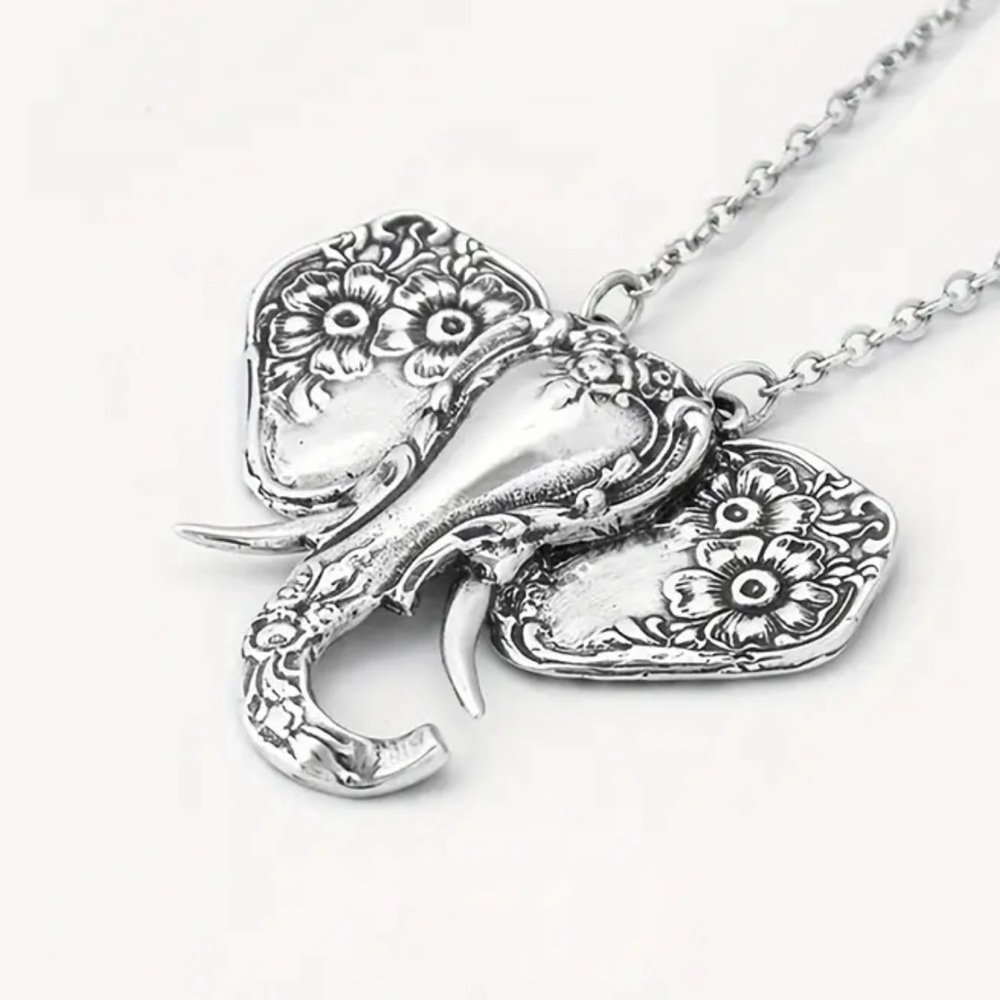 New, Floral Elephant Pendant with Chain in Silver